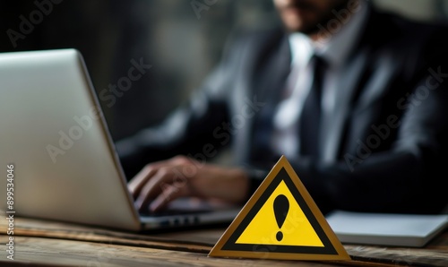 Close-up of icon Warning sign on the table in front of businessman Caution in investing Economic situation warning, Deflation and inflation concept money saving for retired and office syndrome also.