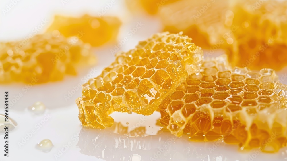Close up of honeycomb pieces dripping with fresh honey on white background reflecting the golden color Close up of honeycomb pieces dripping with fresh honey on white background reflecting the golden color