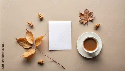 Minimal aesthetic business brand blog social media template Blank card coffee cup and dry leaves on neutral background Flat lay top view : Generative AI