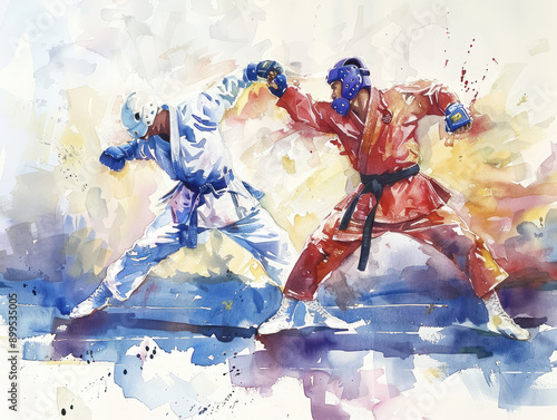 Watercolor taekwondo fighter in dynamic pose