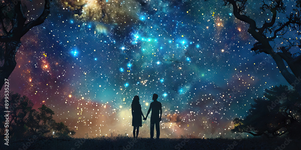Naklejka premium Ethereal Embrace Under the Stars: A couple standing beneath a canopy of stars, holding hands as they say their final goodbyes.