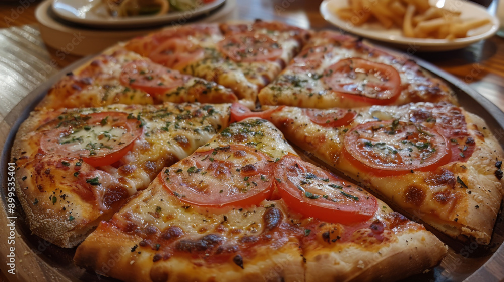 Close-up of a freshly baked pizza topped with tomato slices, herbs, and cheese, served on a plate at a restaurant. Close-up of a freshly baked pizza topped with tomato slices, herbs, and cheese, served on a plate at a restaurant.