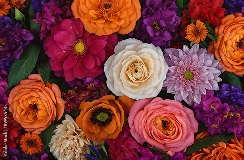 Top view of flowers in various colors