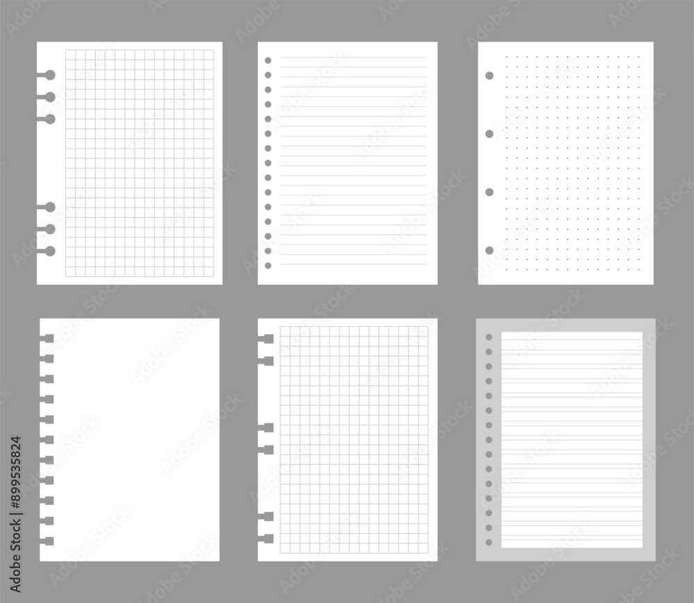 Set of notebook sheets isolated on gray background. Realistic white blanks of checkered, lined and dots paper. Different vertical pages from diary. Vector template. Set of notebook sheets isolated on gray background. Realistic white blanks of checkered, lined and dots paper. Different vertical pages from diary. Vector template.