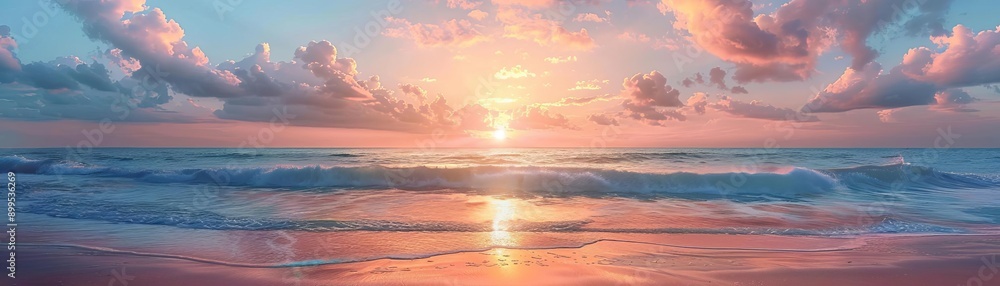 Peaceful sunset beach scene with soft pastel colors, sunset beach, calm coastal evening Peaceful sunset beach scene with soft pastel colors, sunset beach, calm coastal evening