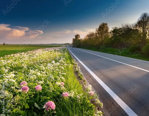 Asphalt road through the countryside with wild radish blooms in the foreground and blue sky photo