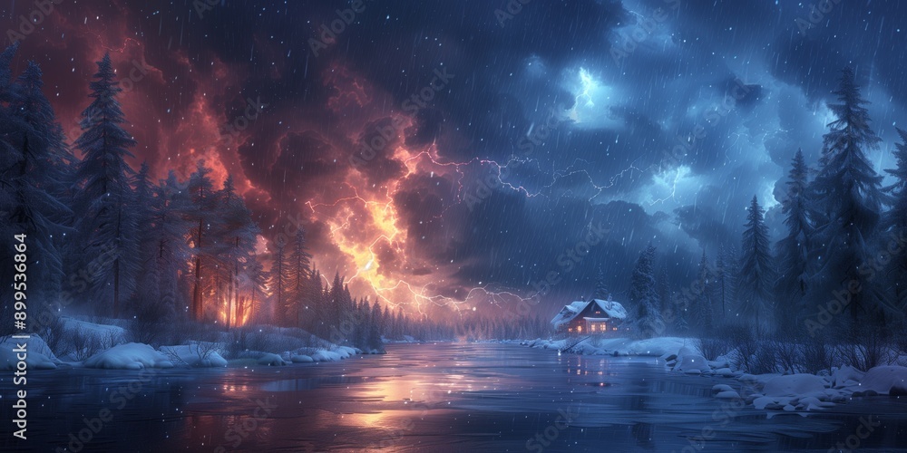 House near lake with lightning in the sky in one winter snowy night. House near lake with lightning in the sky in one winter snowy night.