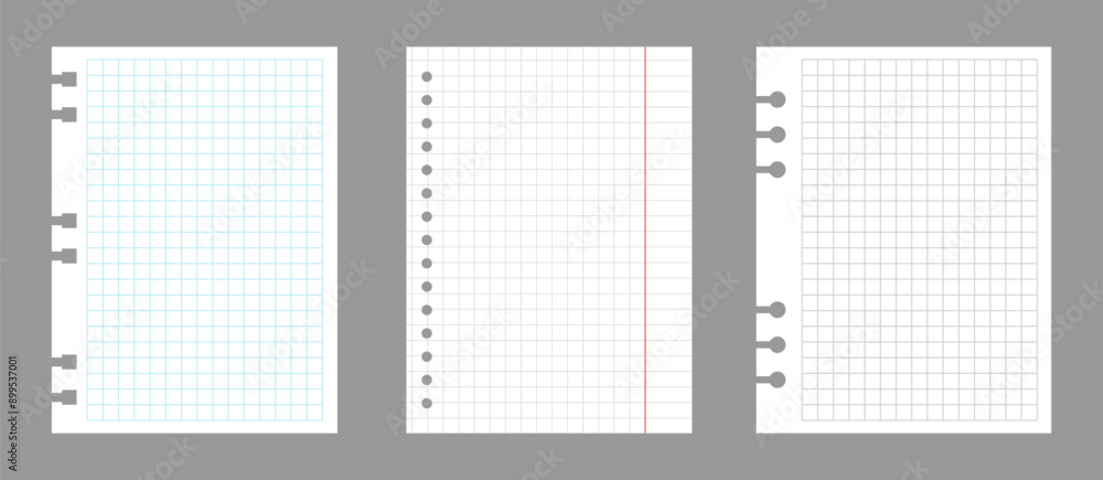 Set of notebook sheets isolated on gray background. Realistic white blanks of checkered paper. Different vertical pages from diary. Vector template. Set of notebook sheets isolated on gray background. Realistic white blanks of checkered paper. Different vertical pages from diary. Vector template.