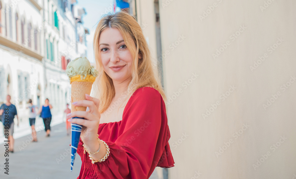Vacation in Italy, woman in romantic red dress in Florence. Tourist Places for visiting Vacation in Italy, woman in romantic red dress in Florence. Tourist Places for visiting