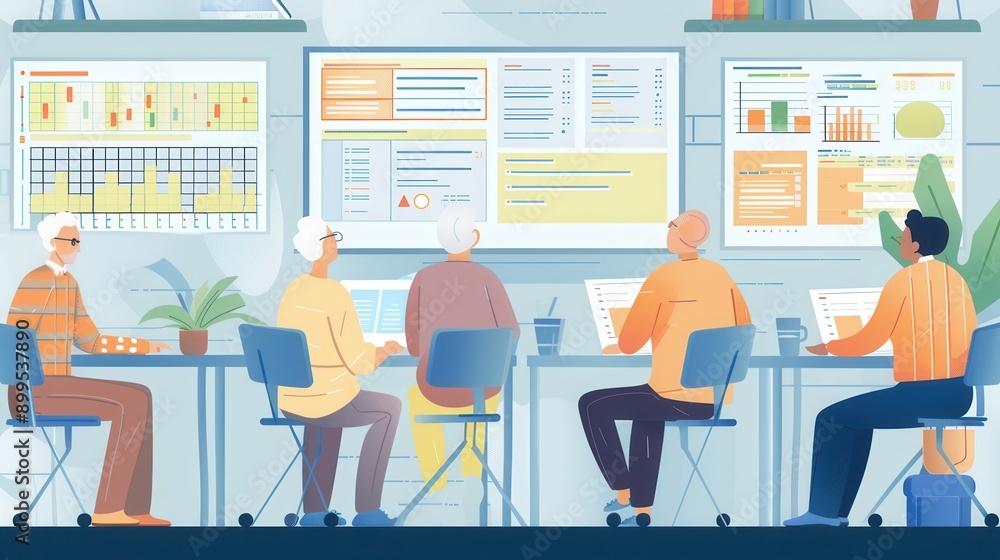 A group of elderly people participate in a collaborative learning session, focusing on various digital displays in a well-lit classroom setting. Generative AI A group of elderly people participate in a collaborative learning session, focusing on various digital displays in a well-lit classroom setting. Generative AI