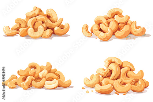Fresh tasty cashew nuts, Set of delicious cashew nuts, Roasted Cashew nuts with leaf isolated on white background, Vector illustration