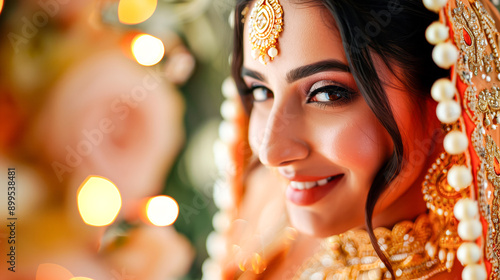 Indian bride with full makeup and jewellery ready for wedding, looking beatutiful