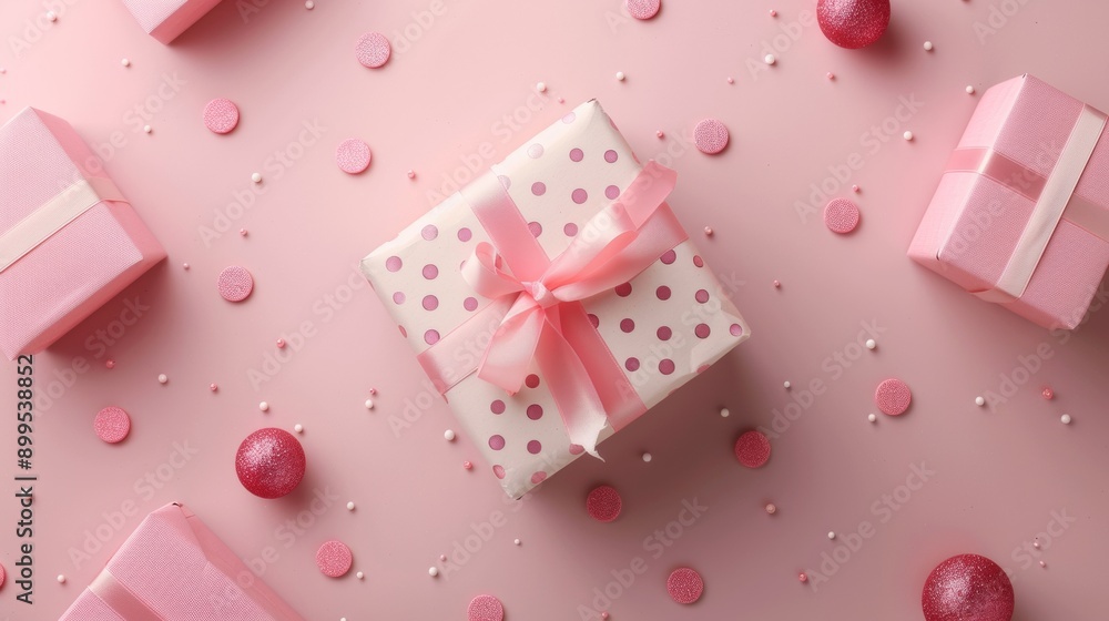 Gift boxes with pink ribbons and decorations on pink background Gift boxes with pink ribbons and decorations on pink background