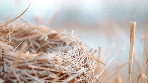 A close-up shot of a crane's nest made of twigs and reeds.