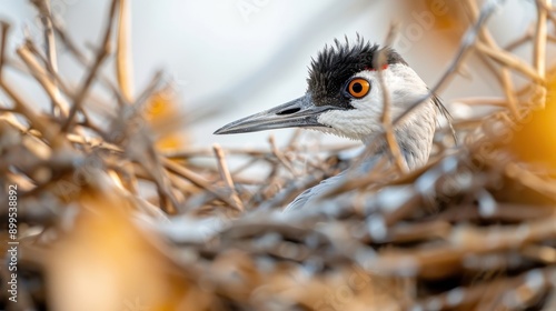 A close-up shot of a crane's nest made of twigs and reeds.