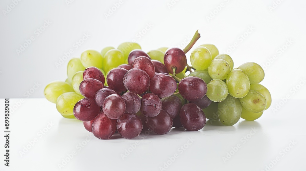 Two clusters of seedless grapes, one red and one green, rest on a white surface against a clean white backdrop Two clusters of seedless grapes, one red and one green, rest on a white surface against a clean white backdrop
