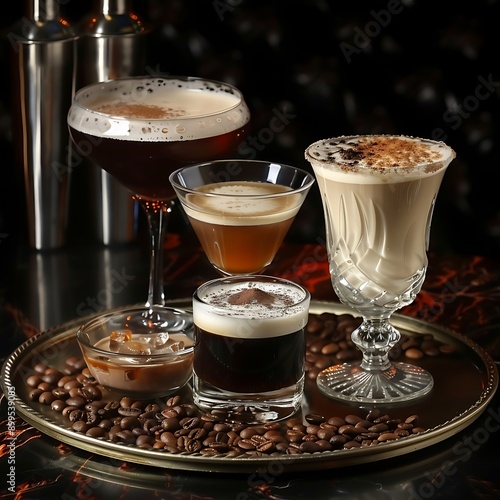 Assorted Coffee Cocktails on a Silver Tray with Coffee Beans.