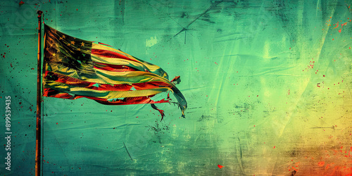 The Fading Colors: A tattered flag, once waving proudly, now hanging limply in the breeze photo