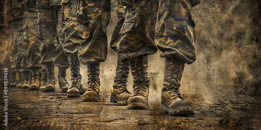 The Silent March: A line of soldiers, marching in formation, their boots thumping rhythmically on the dusty ground The Silent March: A line of soldiers, marching in formation, their boots thumping rhythmically on the dusty ground