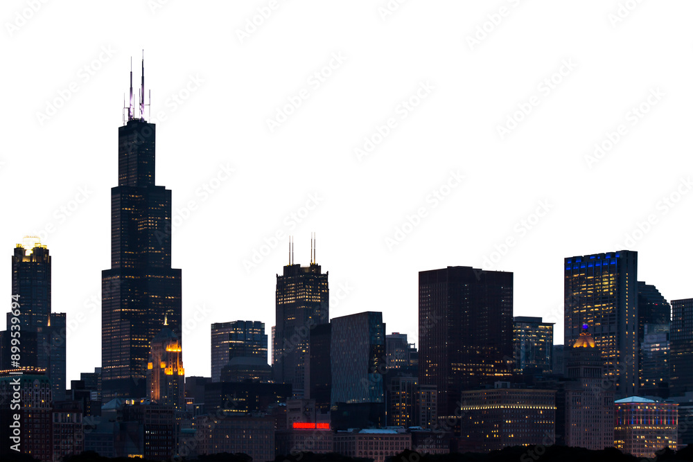 Fototapeta premium Chicago skyline at night showcasing illuminated buildings, with a white background. Concept of urban nightscape and city lights