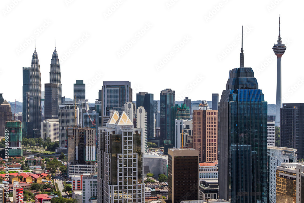 Obraz premium Panoramic view of Kuala Lumpur city skyline featuring diverse skyscrapers and landmarks, isolated on a white background, showcasing urban architecture in Malaysia