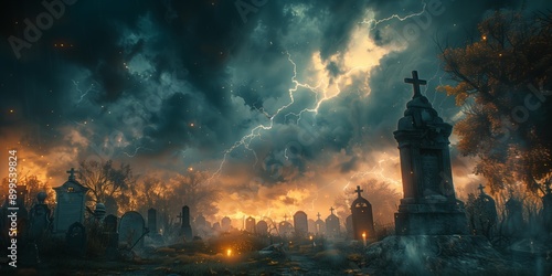 Spooky old abandoned graveyard at thunderstorm in one summer night. Halloween realistic picture of tombs and graves with lighting in the dark stormy sky above