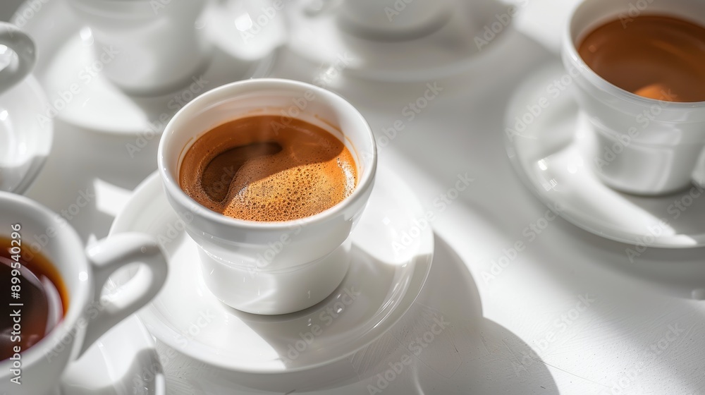 Many white cups and saucers with fresh espresso coffee standing on a white table in bright sunlight Many white cups and saucers with fresh espresso coffee standing on a white table in bright sunlight