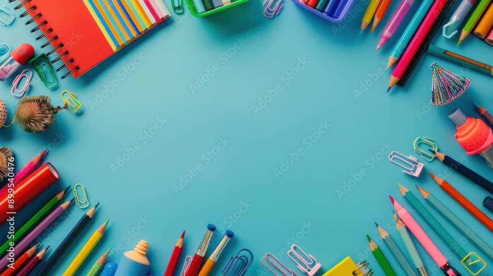 Fototapeta premium School supplies set of colorful colored pencils in a border with space for text.