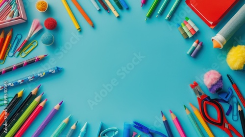 School supplies set of colorful colored pencils in a border with space for text.