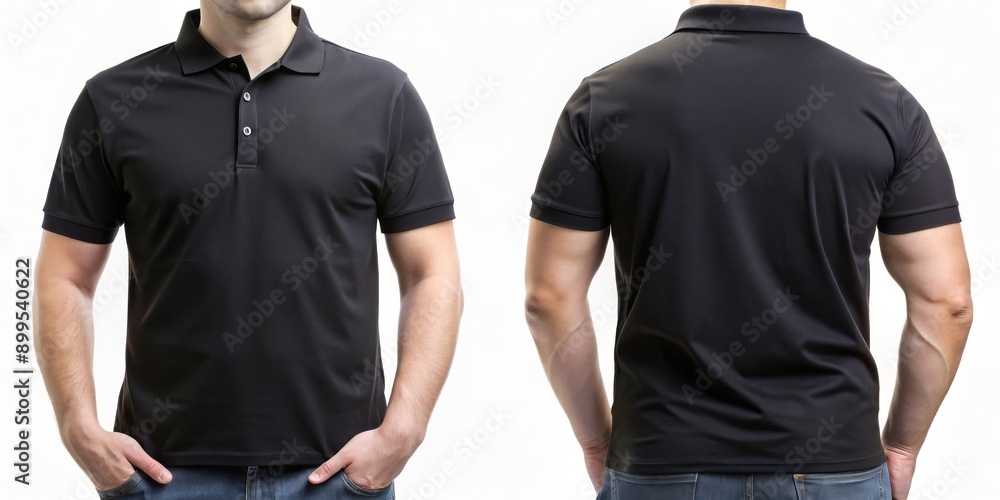 Front and back views of a man wearing a black polo shirt mockup template Front and back views of a man wearing a black polo shirt mockup template