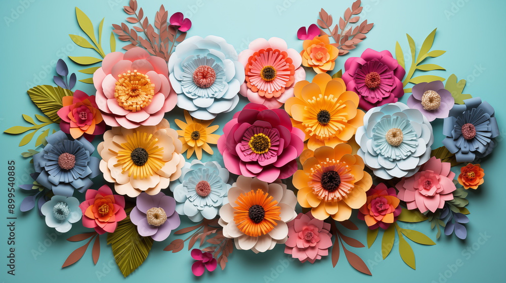 Artistic Paper Flower Bouquet With Multicolored Petals And Decorative Leaves Artistic Paper Flower Bouquet With Multicolored Petals And Decorative Leaves