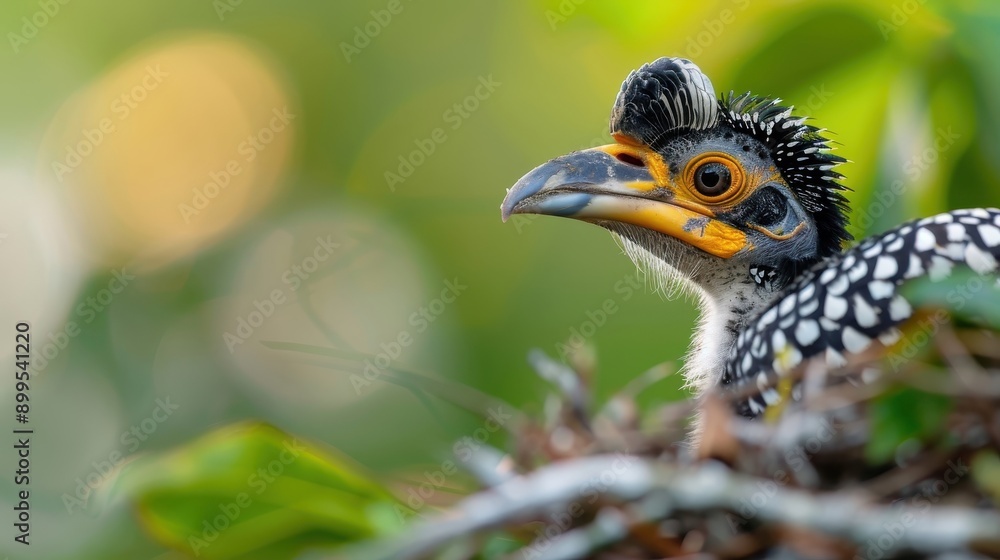A hornbill chick peeking out from its nest. A hornbill chick peeking out from its nest.