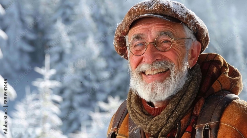 Smiling elderly man in winter clothes enjoying snowy landscape outdoors, with snow-covered trees in the background. Smiling elderly man in winter clothes enjoying snowy landscape outdoors, with snow-covered trees in the background.