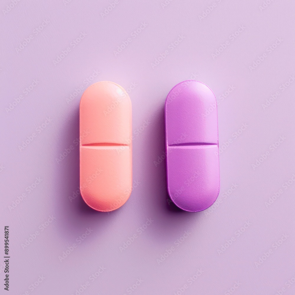 Purple and orange two pills on pastel violet background, top view. Purple and orange two pills on pastel violet background, top view.