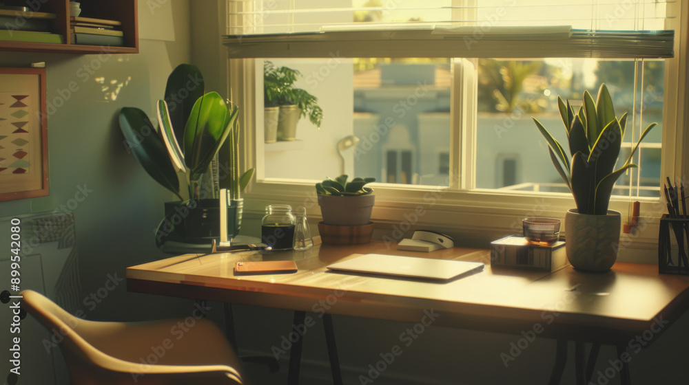 Fototapeta premium A sunlit home office with wooden desk, plants, and stationery, radiating a warm and cozy atmosphere through the window.