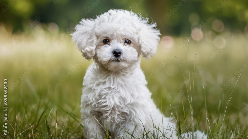 Adorable White Poodle Puppy Sitting in Grass Adorable White Poodle Puppy Sitting in Grass