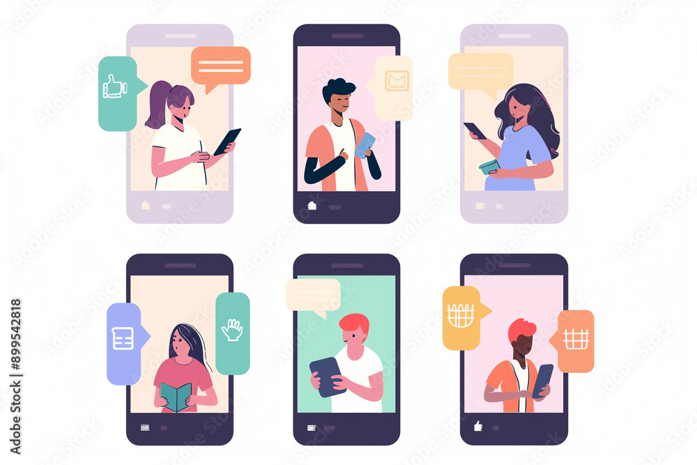 Minimalist UI illustration of people chatting in a flat illustration style, png style, empty white background, bright color scheme, flat vector Minimalist UI illustration of people chatting in a flat illustration style, png style, empty white background, bright color scheme, flat vector
