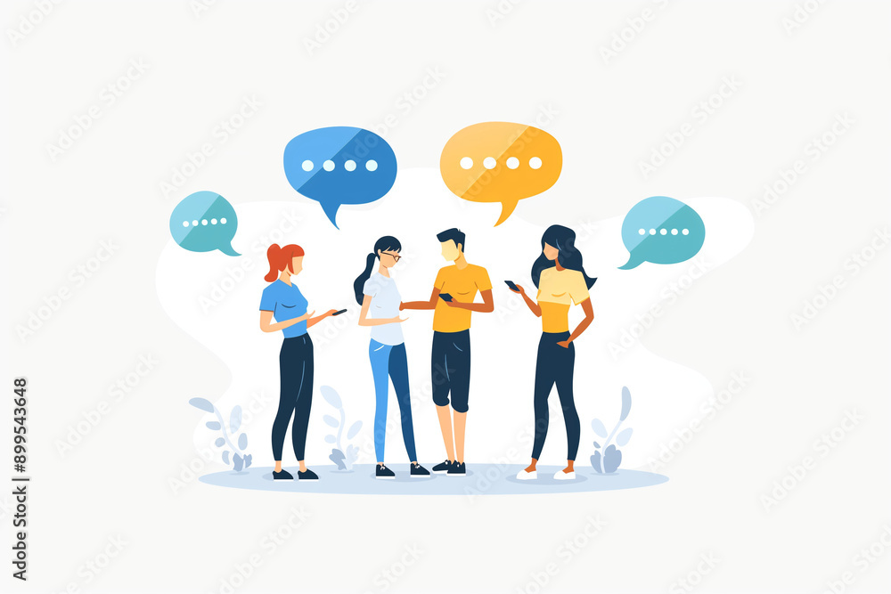 Minimalist UI illustration of people chatting in a flat illustration style, png style, empty white background, bright color scheme, flat vector Minimalist UI illustration of people chatting in a flat illustration style, png style, empty white background, bright color scheme, flat vector