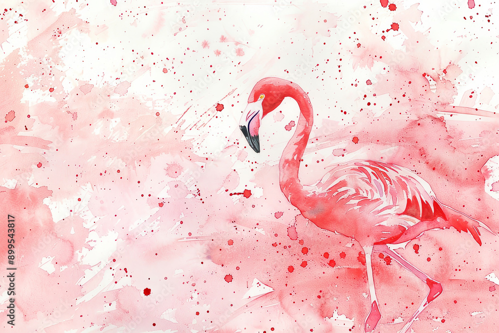 Naklejka premium A pink flamingo is standing in a pink background with red splatters