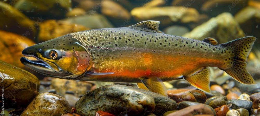 Wild salmon fish underwater. Generative AI technology.
Wild salmon fish underwater. Generative AI technology.