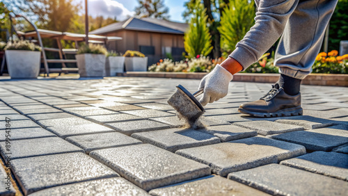 A low-angle view of a person's gloved hand pouring polymeric sand into the gaps between perfectly aligned gray stone pavers on a sunny patio floor.