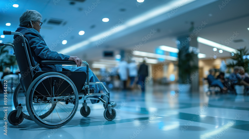 Senior man sitting in a wheelchair in a hospital corridor, capturing themes of healthcare, elderly care, and medical facilities. Senior man sitting in a wheelchair in a hospital corridor, capturing themes of healthcare, elderly care, and medical facilities.