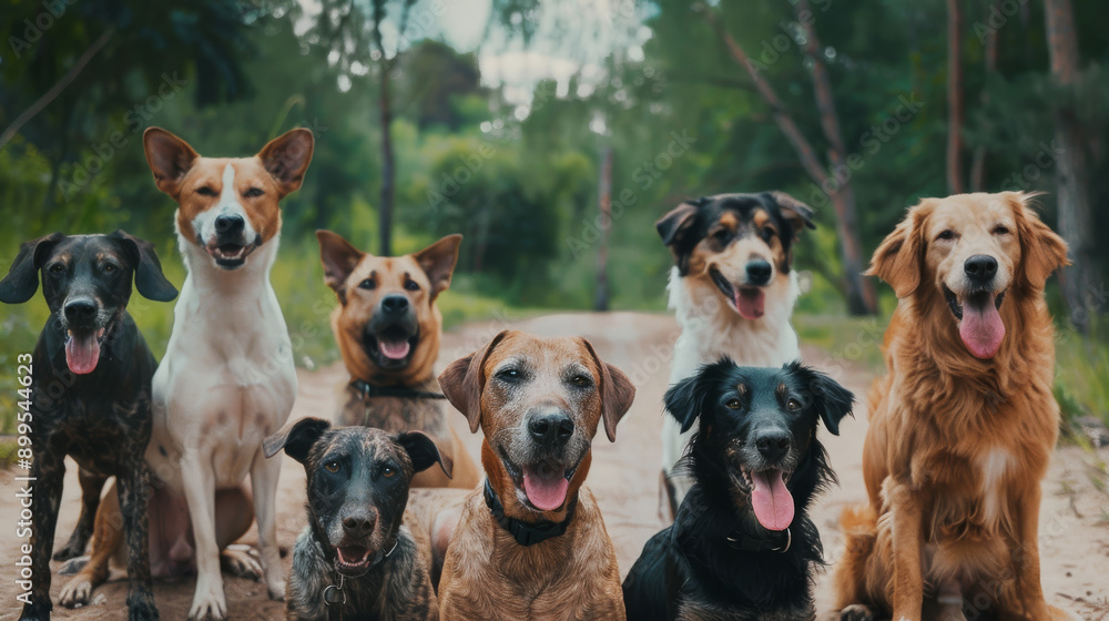 A joyful group of eight dogs sitting in a forest path, all smiling and looking at the camera. A joyful group of eight dogs sitting in a forest path, all smiling and looking at the camera.