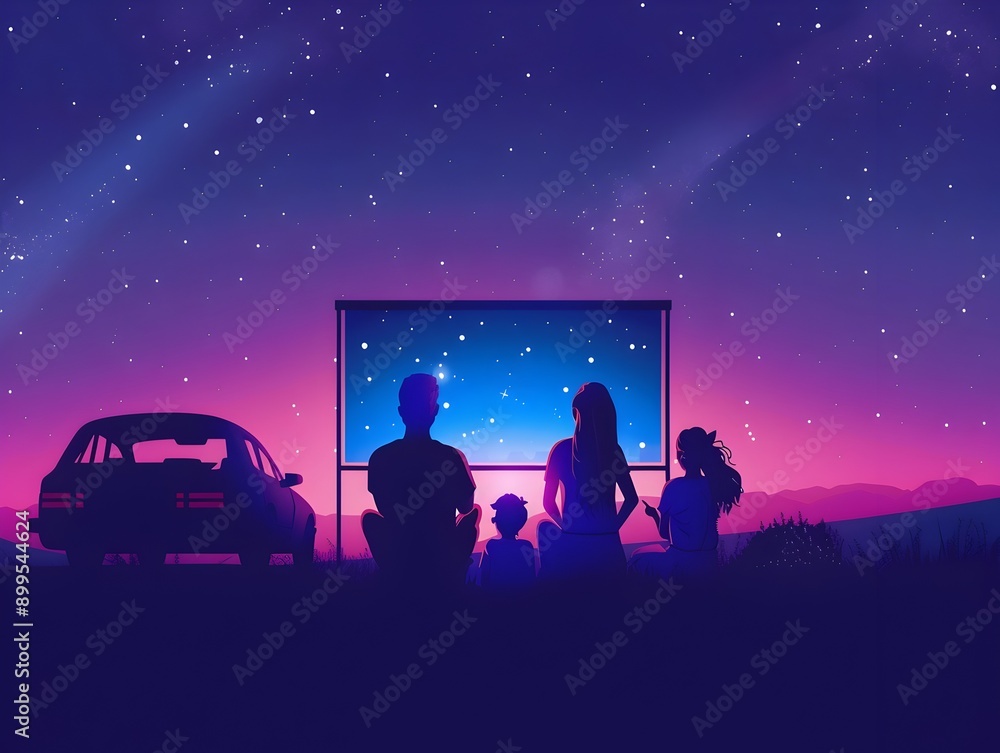 Family Enjoying a Nostalgic Drive In Movie Night Under the Starry Sky Family Enjoying a Nostalgic Drive In Movie Night Under the Starry Sky