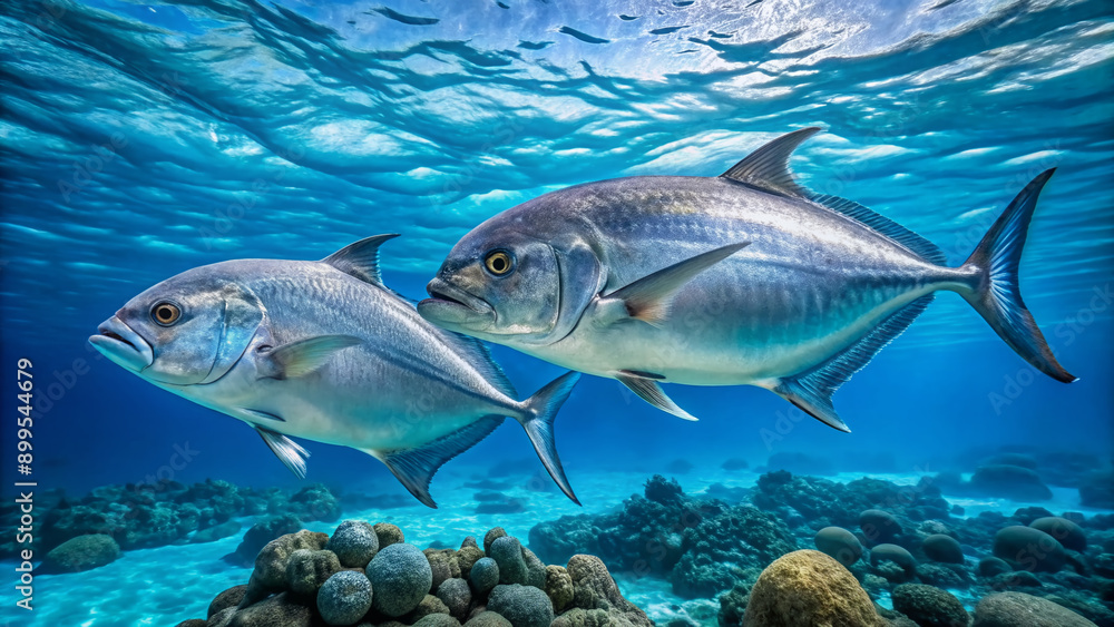 Two majestic Giant trevally fish, Caranx ignobilis, swim together in unison, their silver scales glistening in the crystal-clear blue waters of the Indian Ocean, Maldives. Two majestic Giant trevally fish, Caranx ignobilis, swim together in unison, their silver scales glistening in the crystal-clear blue waters of the Indian Ocean, Maldives.