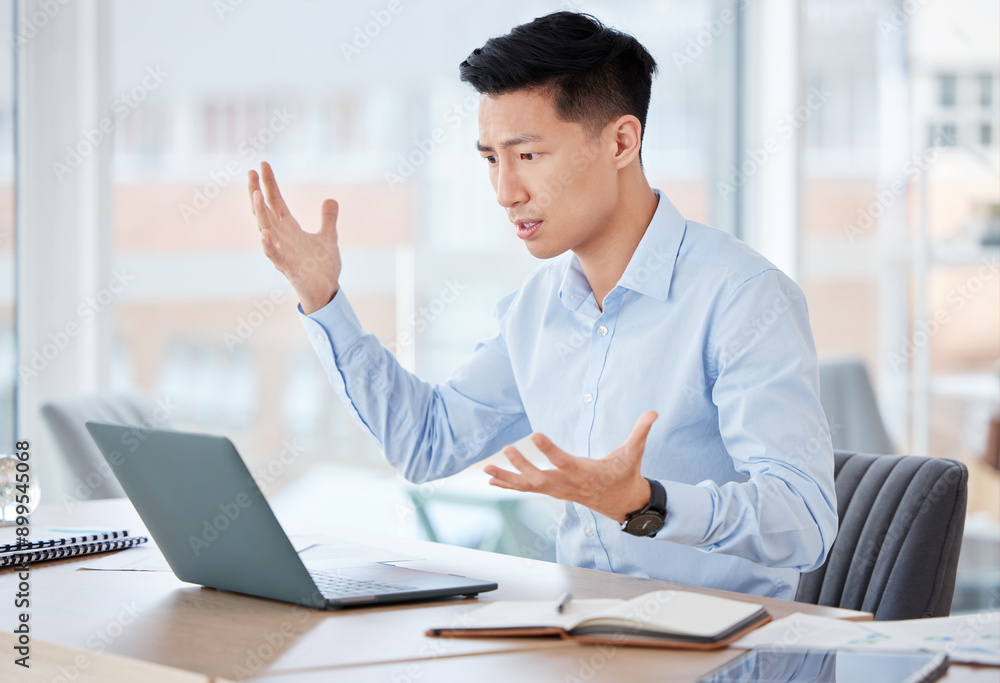 Stress, laptop and businessman in office with frustration for stock market crash online with finance loss. Crisis, mistake and Asian male financial broker upset for investment decline on computer.