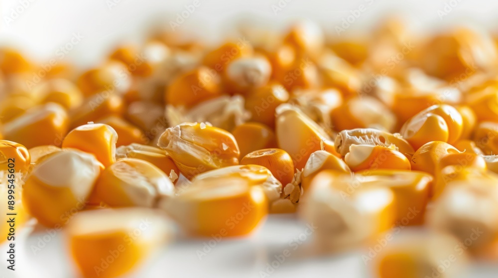 Close-up of golden yellow dried corn kernels on a white surface, showcasing their texture and pattern Close-up of golden yellow dried corn kernels on a white surface, showcasing their texture and pattern