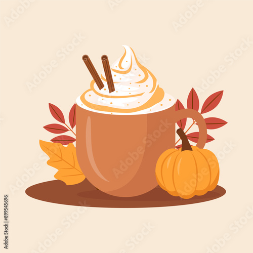 Pumpkin spice latte, autumn coffee in a cup.Hot delicious autumn seasonal drink. Cozy fall illustration. Flat vector isolated on white background.