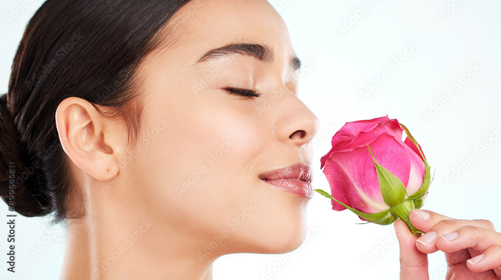Pink rose, thinking and woman with beauty, skincare and organic treatment isolated on white studio background. Person, smell or girl with plant, flower or natural cosmetics with dermatology or scent Pink rose, thinking and woman with beauty, skincare and organic treatment isolated on white studio background. Person, smell or girl with plant, flower or natural cosmetics with dermatology or scent