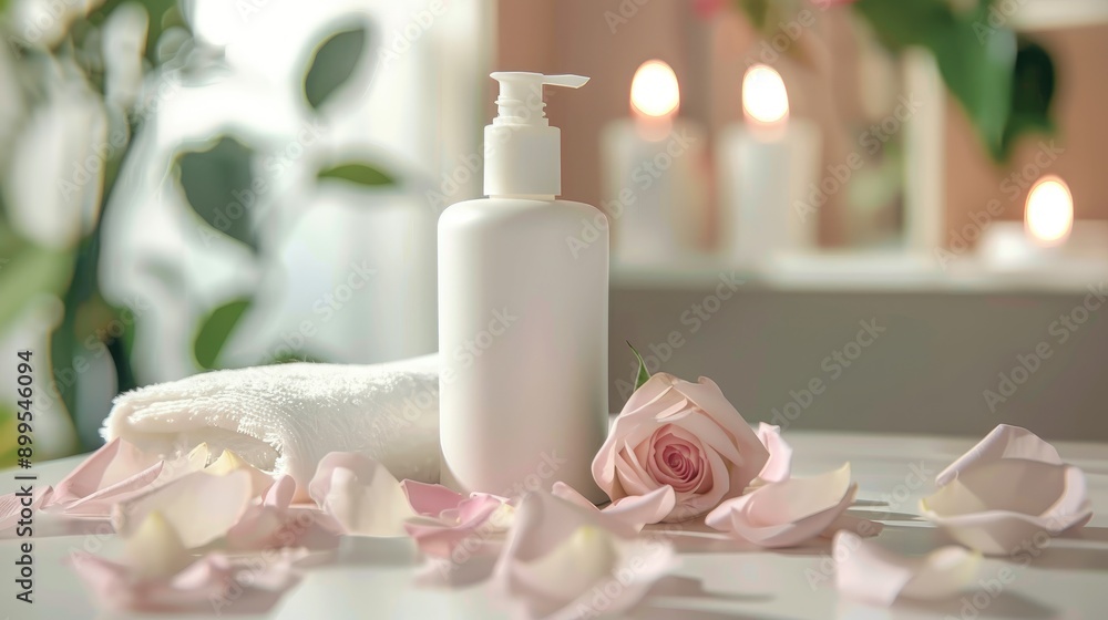 Spa Beauty Set with White Cosmetic Bottle and Rose Petals on Table Spa Beauty Set with White Cosmetic Bottle and Rose Petals on Table